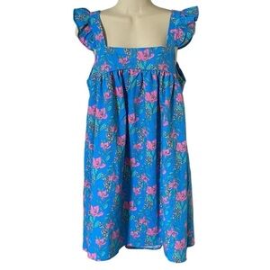 MOON RIVER blue mini dress with pink green floral detail square neck ruffle M